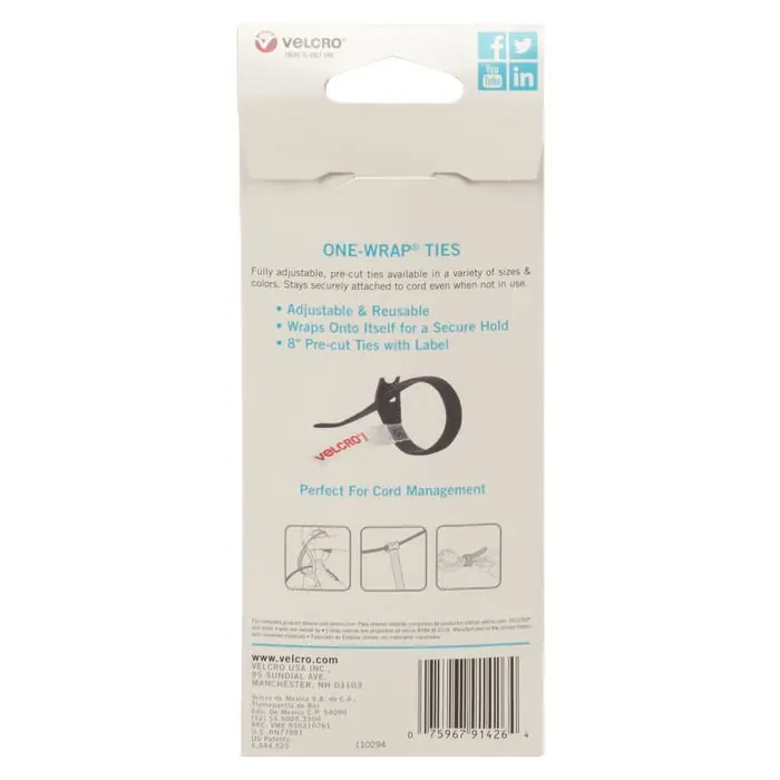 Direct From Factory VELCRO Brand ONE-WRAP Ties with Tab, 8 x 1/2 Inches, Black, Pack of 5